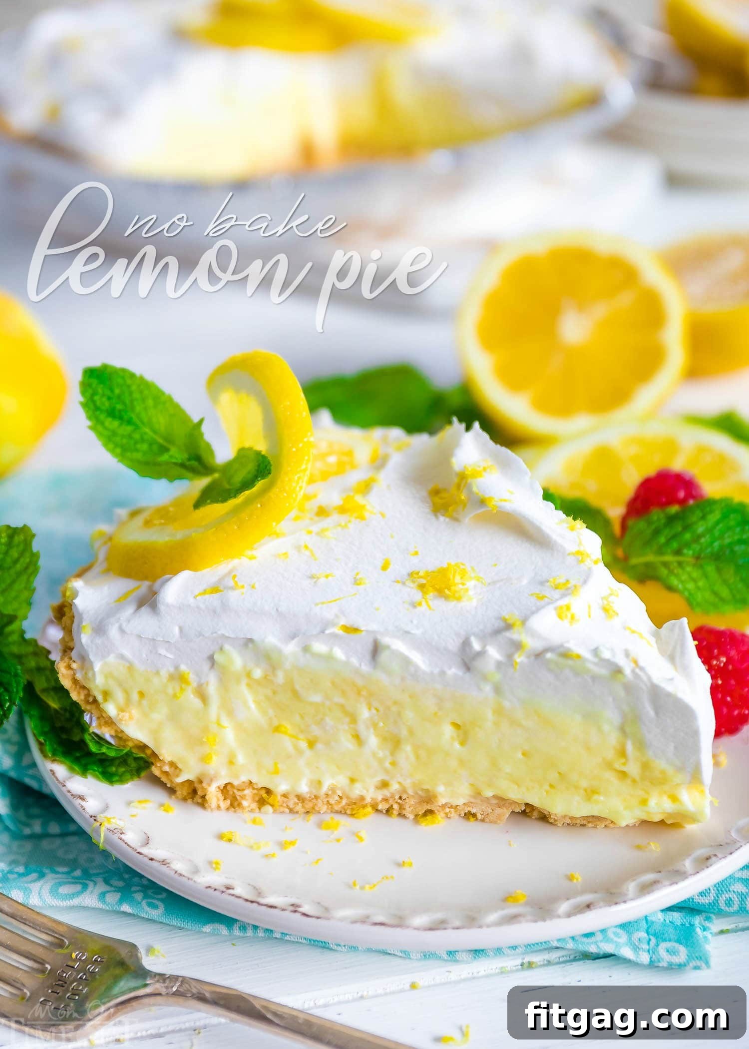 Zesty No-Bake Lemon Delight 2 No Bake Lemon Pie garnished with a lemon slice and fresh mint leaves, showcasing its creamy texture.
