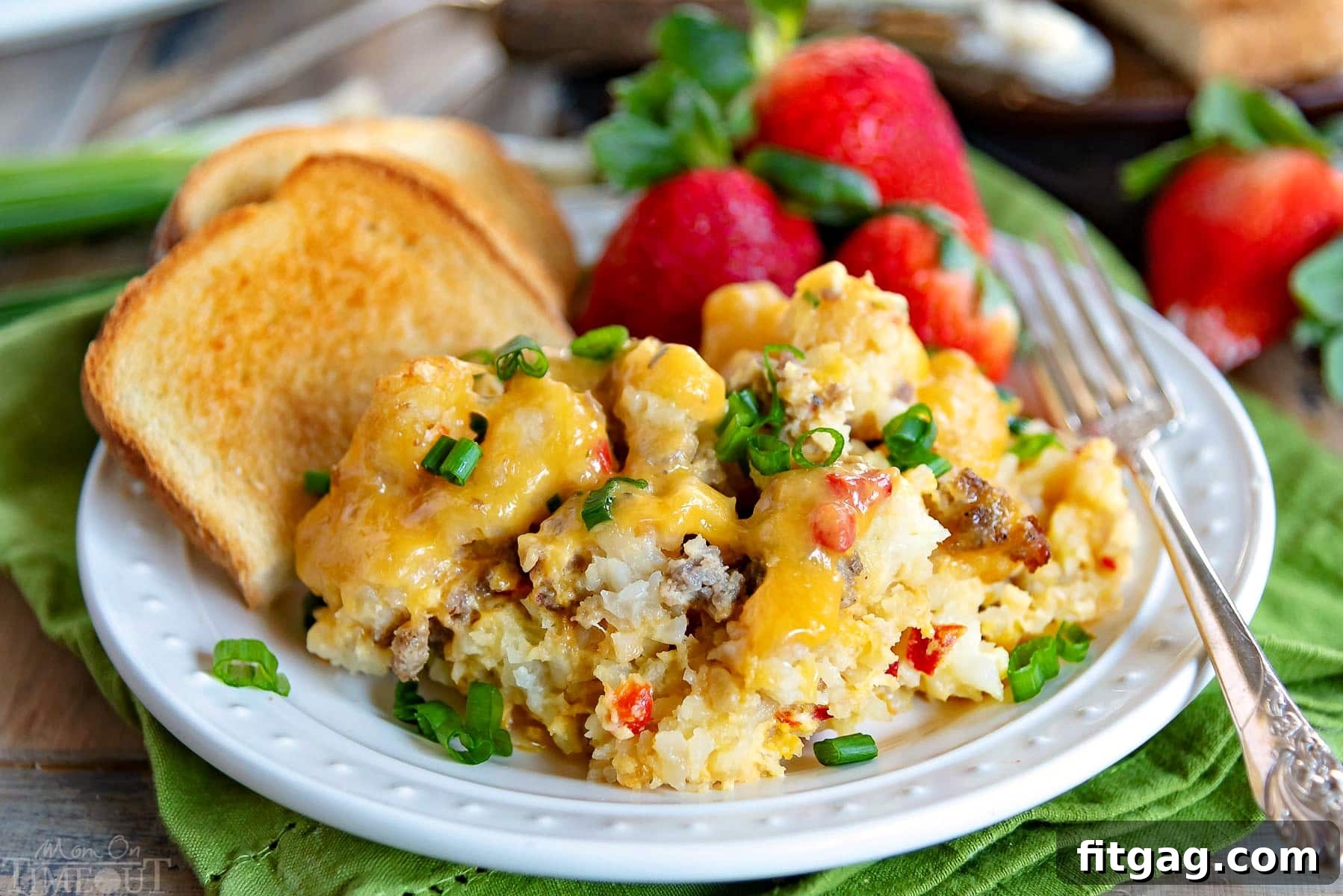 A wide shot of Slow Cooker Tater Tot Breakfast Casserole, freshly cooked and ready to serve from the slow cooker.