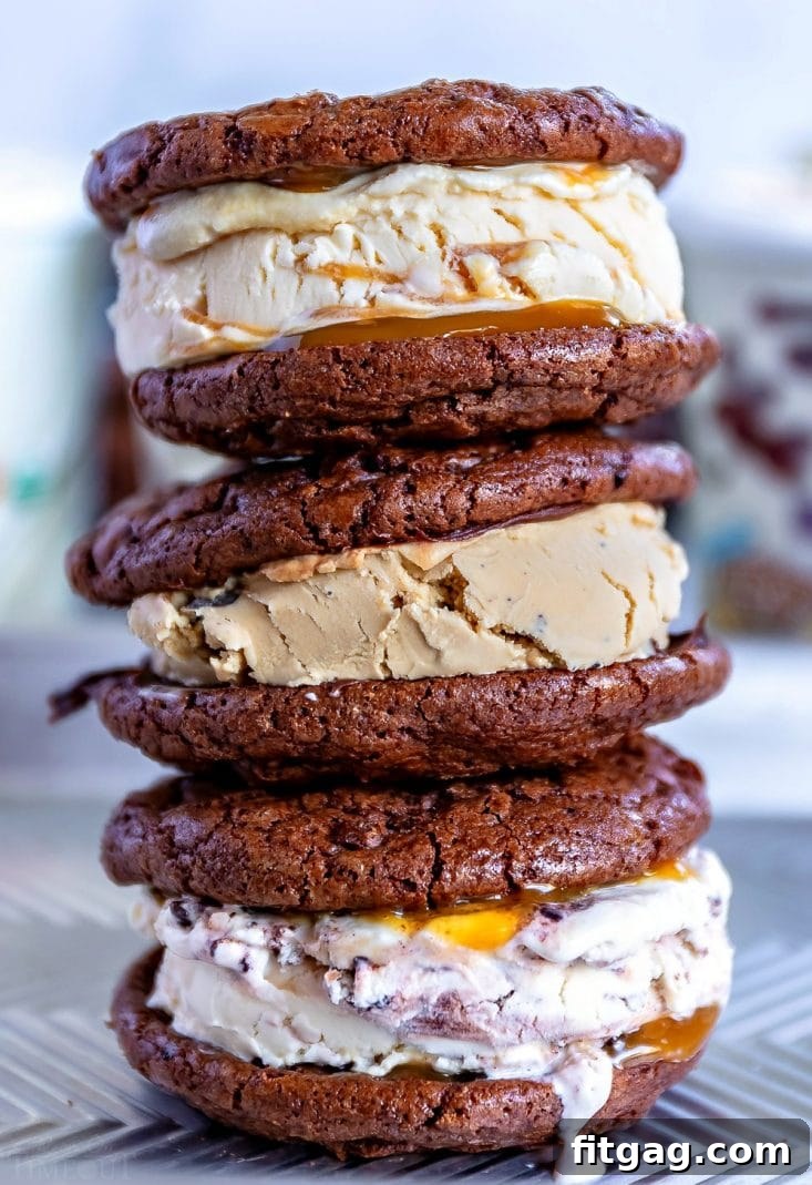 A delightful stack of homemade brookie ice cream sandwiches, showcasing their irresistible layers and perfect for sharing (or not!).