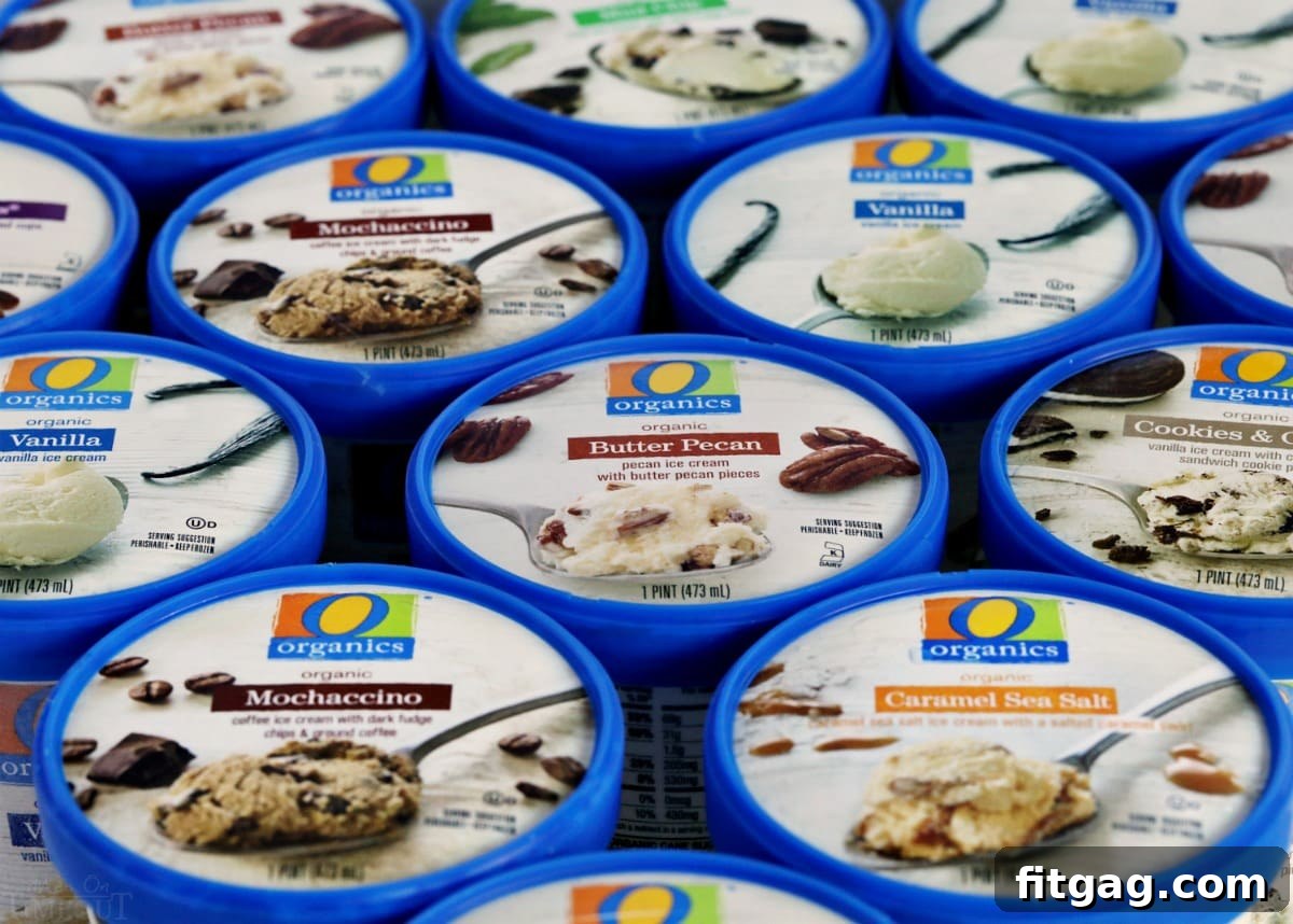 A top-down view of an array of O Organics ice cream pints, highlighting the variety of delicious flavors available for homemade ice cream sandwiches.