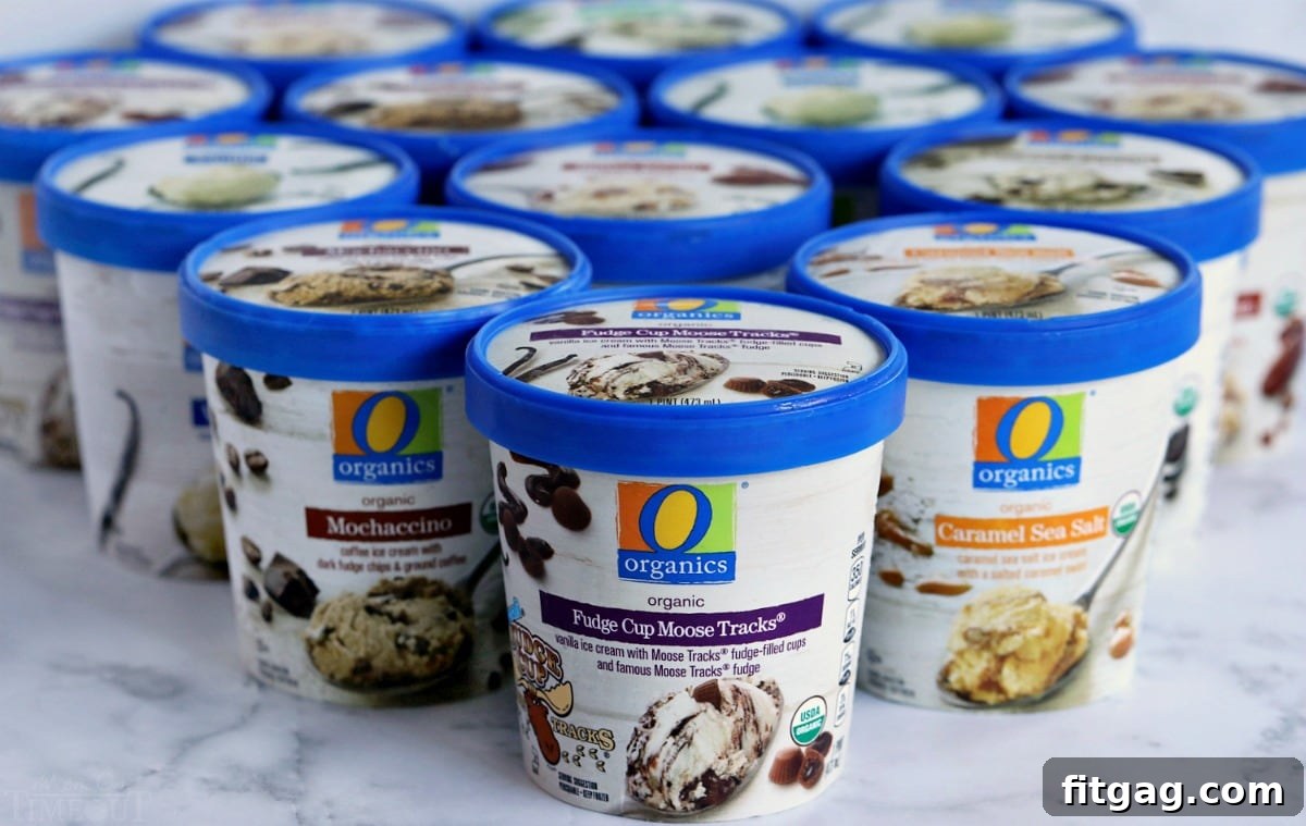 A selection of O Organics ice cream flavors, including Fudge Cup Moose Tracks, Caramel Sea Salt, and Mochaccino, perfect for crafting custom ice cream sandwiches.