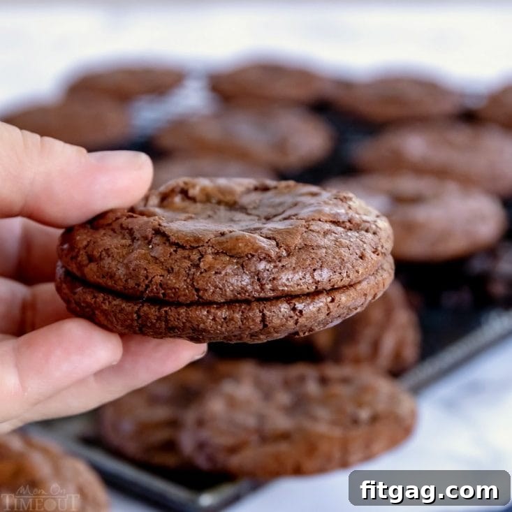 Two brownie cookies of the same size placed together, ready for ice cream sandwich assembly.