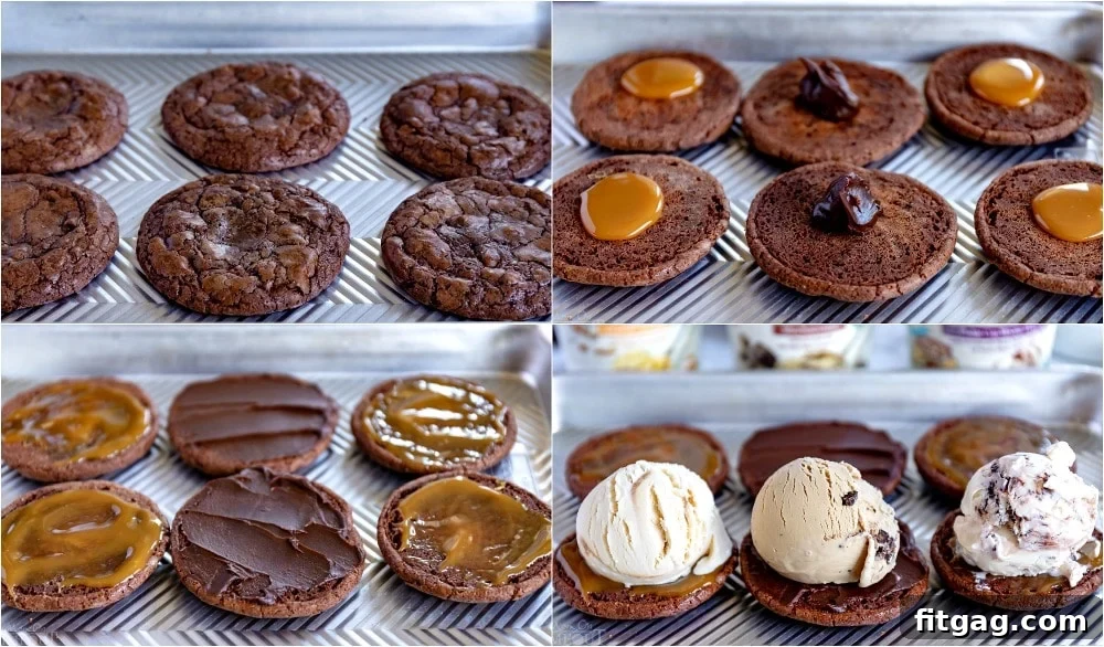 Caramel sauce gently spread on a brookie cookie, preparing it for an ice cream sandwich filling.