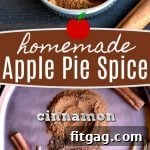 Homemade apple pie spice in various stages of preparation, forming a collage of images that show the ingredients and the final blended spice.