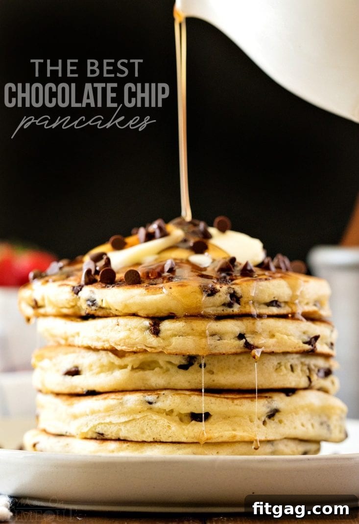 best chocolate chip pancake recipe with syrup being poured on top