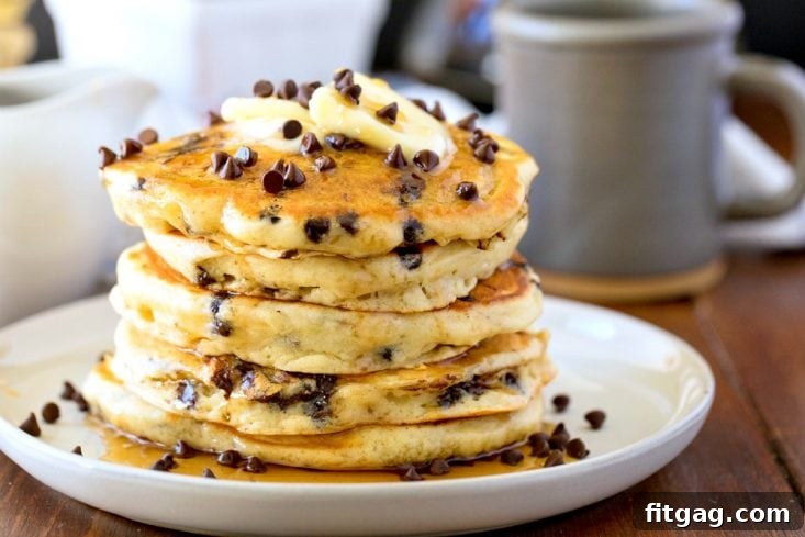 Chocolate Chip Pancakes stacked on plate wide