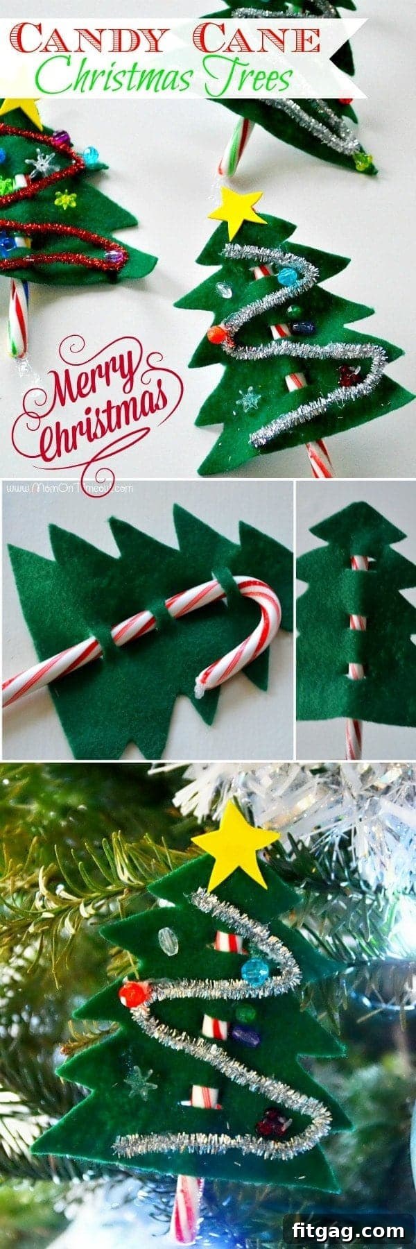 Close-up of a completed Candy Cane Christmas Tree with vibrant decorations