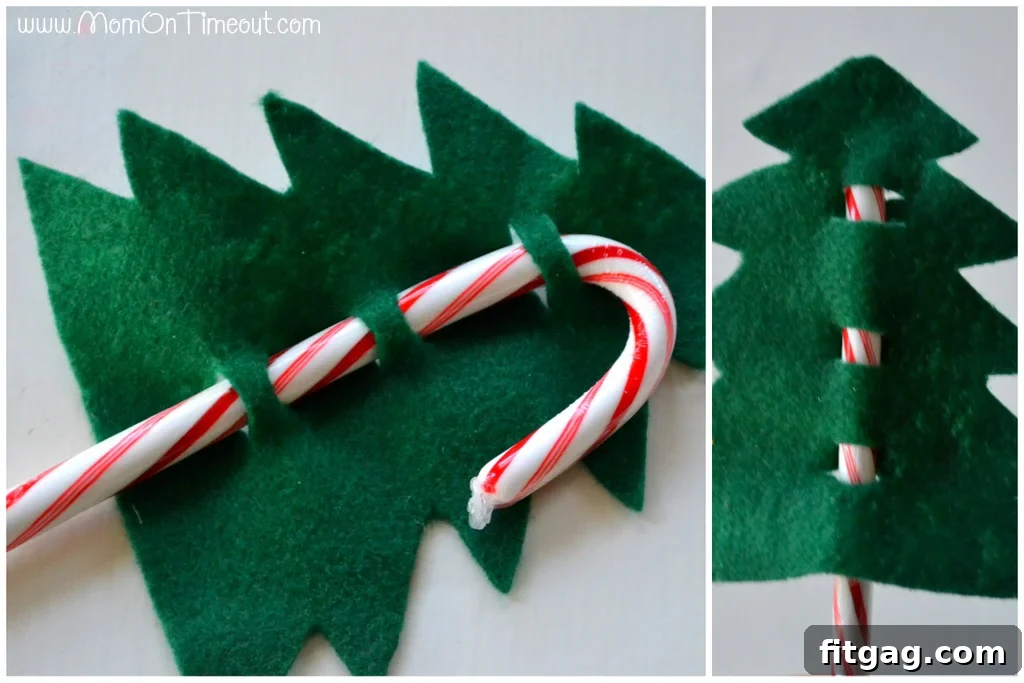 Felt tree with candy cane slits ready for decoration