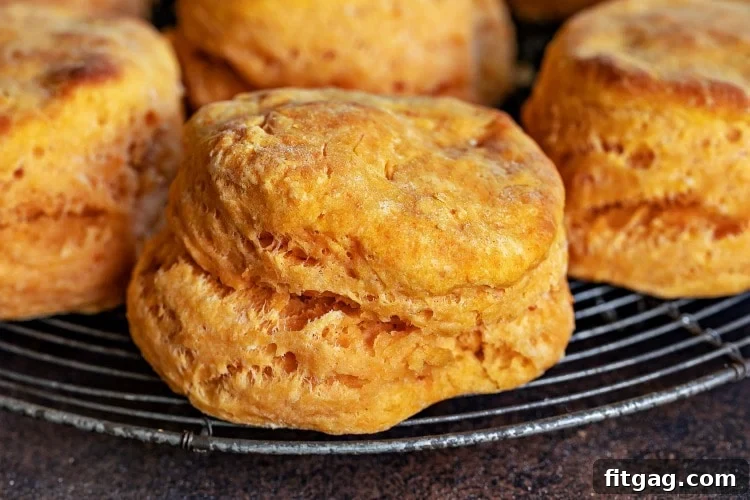 Homemade sweet potato biscuits, light and fluffy, perfect for any occasion Whole sweet potato biscuits arranged on a cooling rack, showcasing their rustic charm