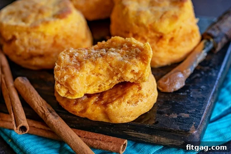 Delicious sweet potato biscuits, perfect for freezing and reheating Sweet potato biscuits split open, revealing their tender interior and ready for butter