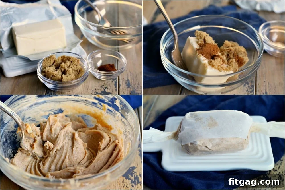 Collage showing the steps to make brown sugar cinnamon butter: softened butter, mixing, and shaping into a log
