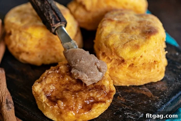 Sweet potato biscuit being buttered with brown sugar cinnamon butter on a wooden board