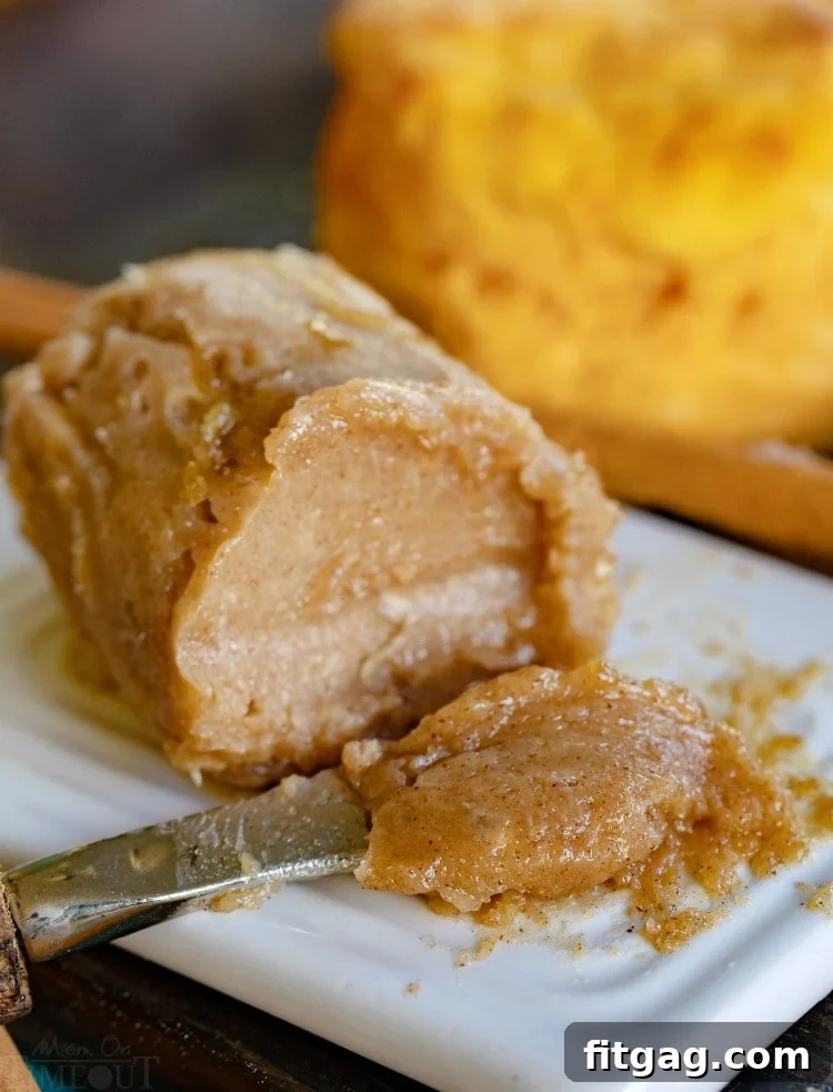 Close-up shot of creamy brown sugar cinnamon butter, highlighting its smooth texture and rich color