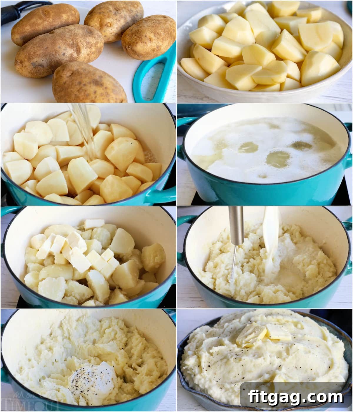 eight image collage showing how to make the best mashed potatoes with step by step photos.