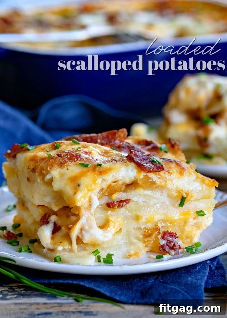 Delicious loaded scalloped potatoes with crispy bacon and sweet caramelized onions, served in a baking dish.