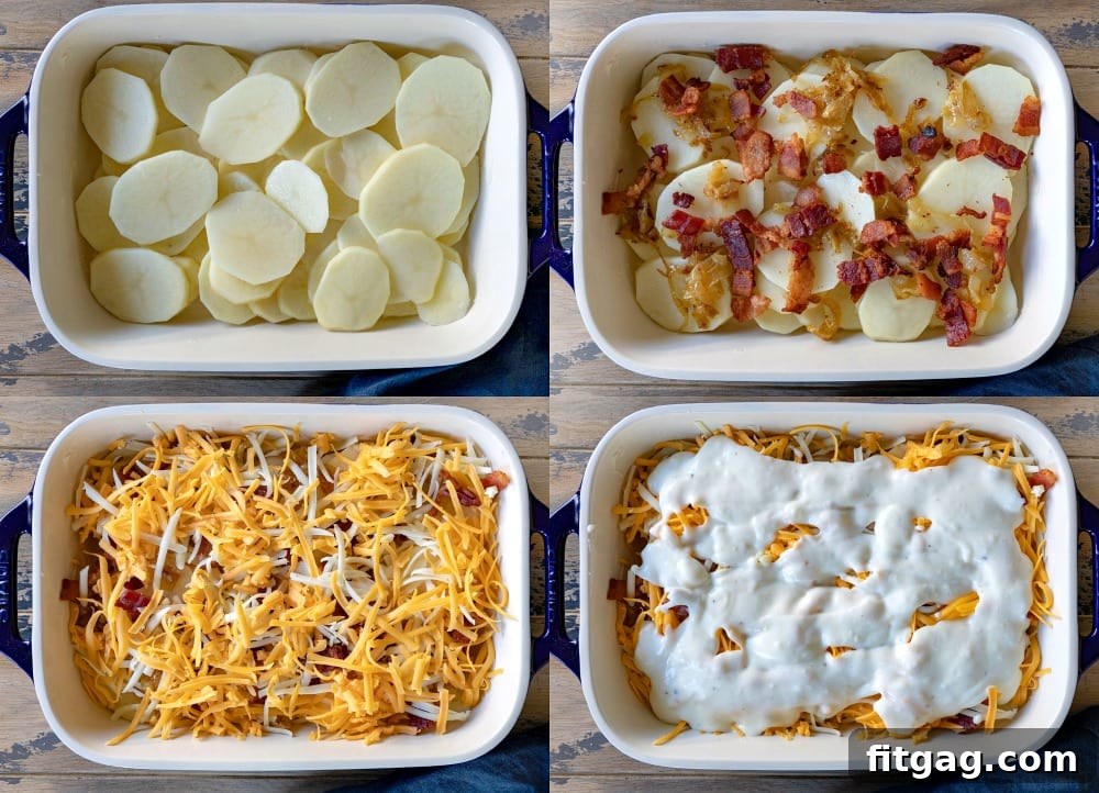 How to Assemble Loaded Scalloped Potatoes Step-by-step image of how to assemble loaded scalloped potatoes, showing layers of potatoes, onions, bacon, cheese, and cream sauce