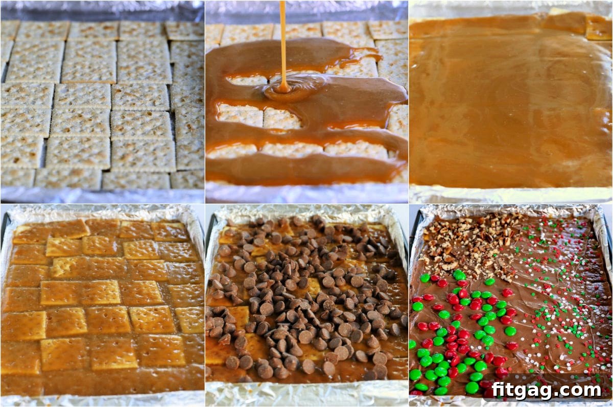 Christmas Toffee Craze 4 A six-image collage visually demonstrates the step-by-step process of making Christmas Crack recipe. Images show crackers on a pan, caramel boiling, caramel poured over crackers, chocolate chips sprinkled, melted chocolate spread, and toppings added.