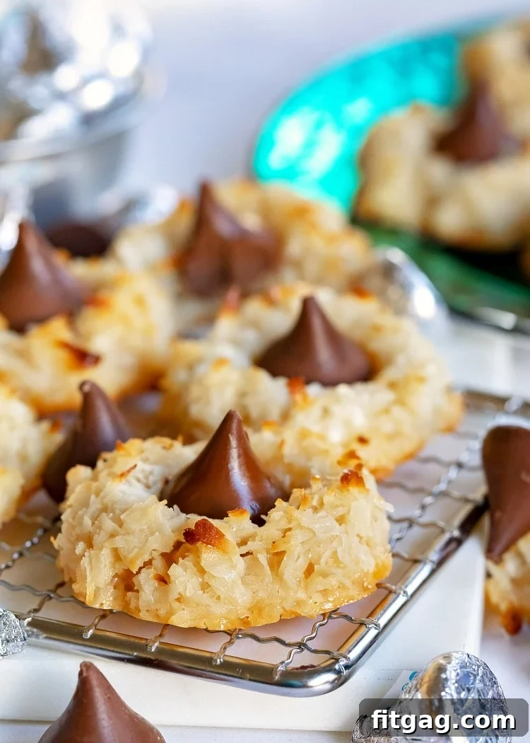 A festive platter of Coconut Macaroon Blossoms, showcasing their chocolate centers.
