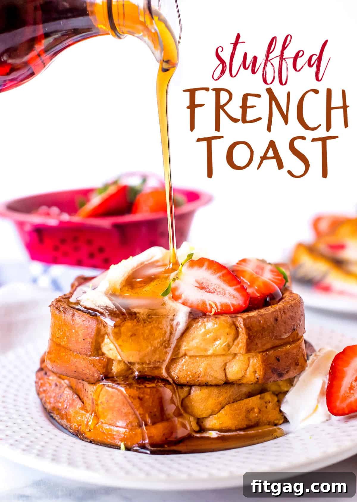 Gourmet Stuffed French Toast with Strawberries and Cream Cheese Filling Stuffed French Toast with cream cheese and strawberries, drizzled with syrup