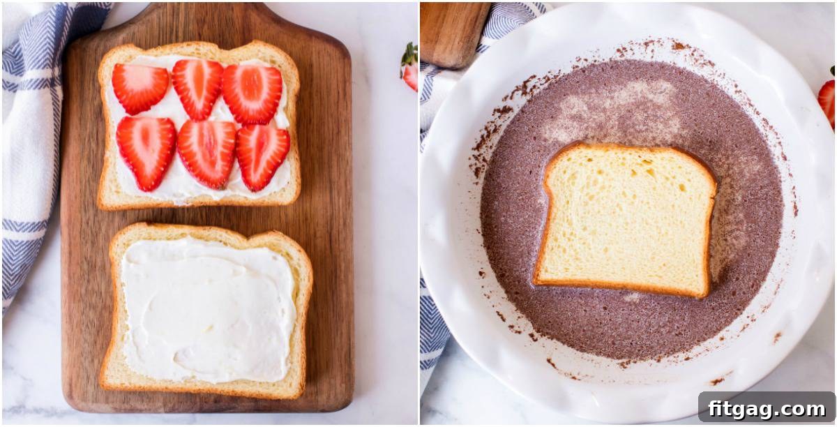 Step-by-step assembly of Stuffed French Toast Process of assembling cream cheese stuffed french toast