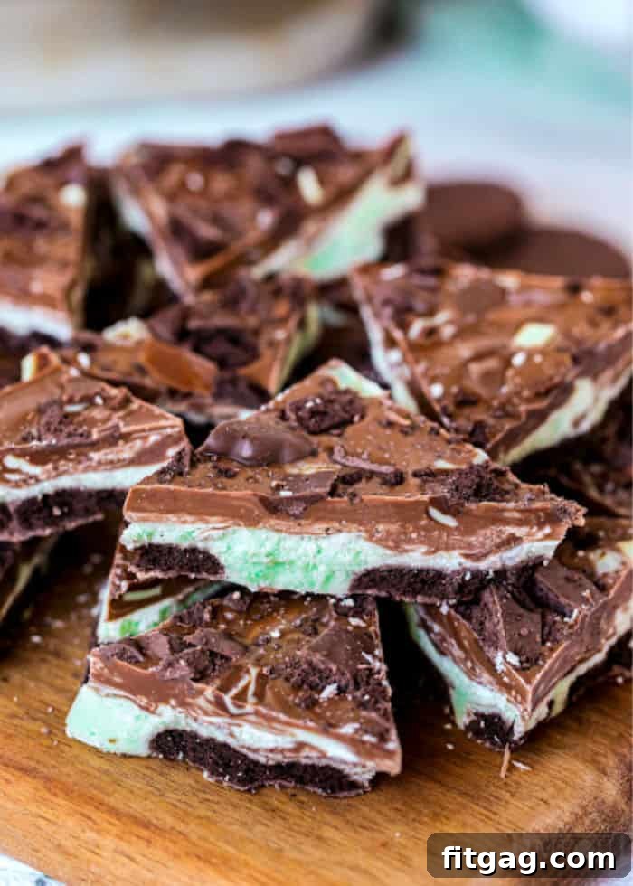 Close-up of Mint Chocolate Bark showing a swirl of green and dark chocolate