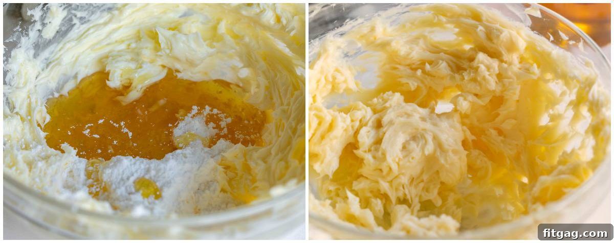 Golden Honey Butter Delight 3 The four simple honey butter ingredients, including softened butter, honey, powdered sugar, and sea salt, mixed together in a bowl, showcasing their smooth, creamy consistency.