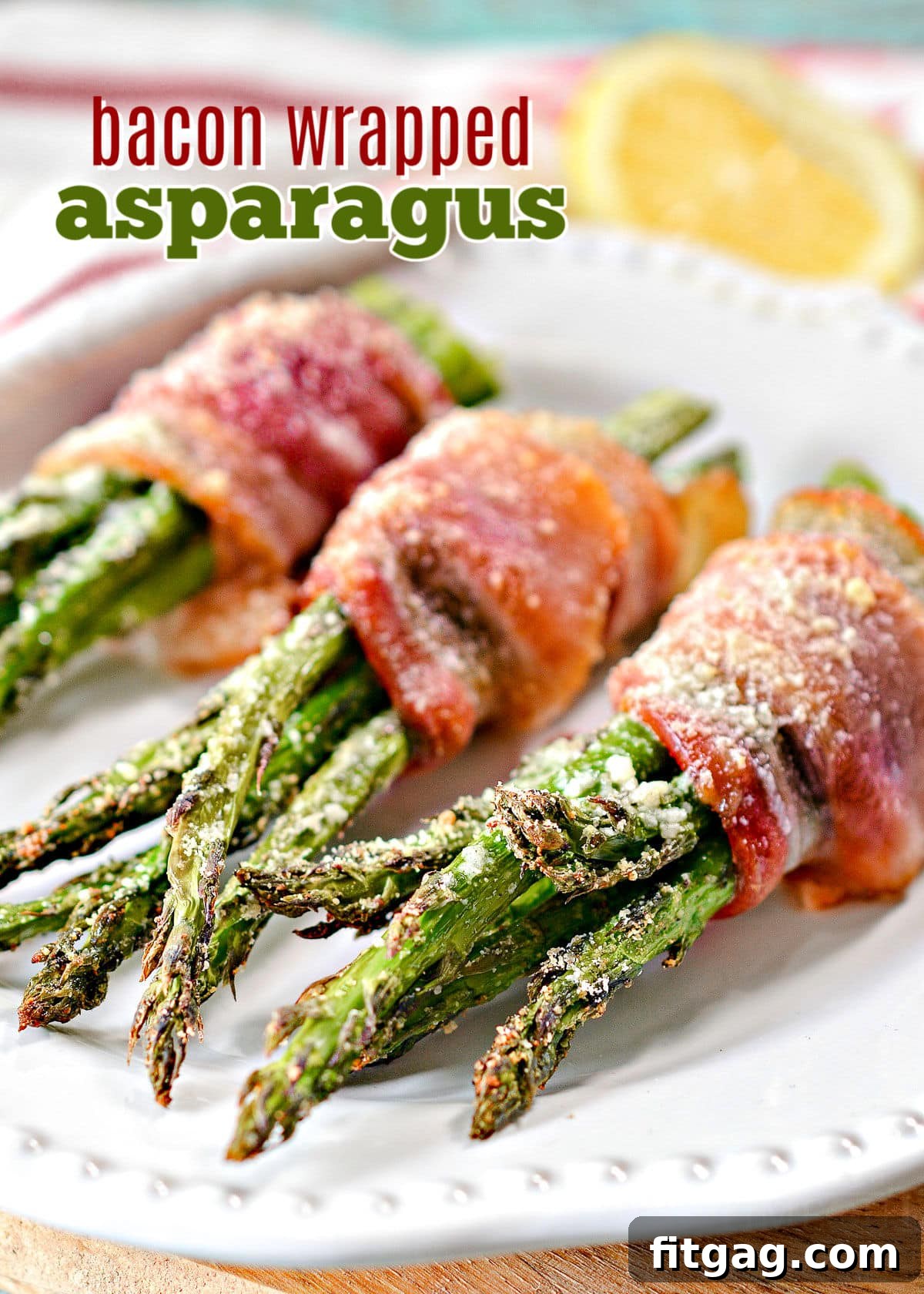 Delicious Bacon Wrapped Asparagus seasoned with garlic and Parmesan, cooked in oven or air fryer