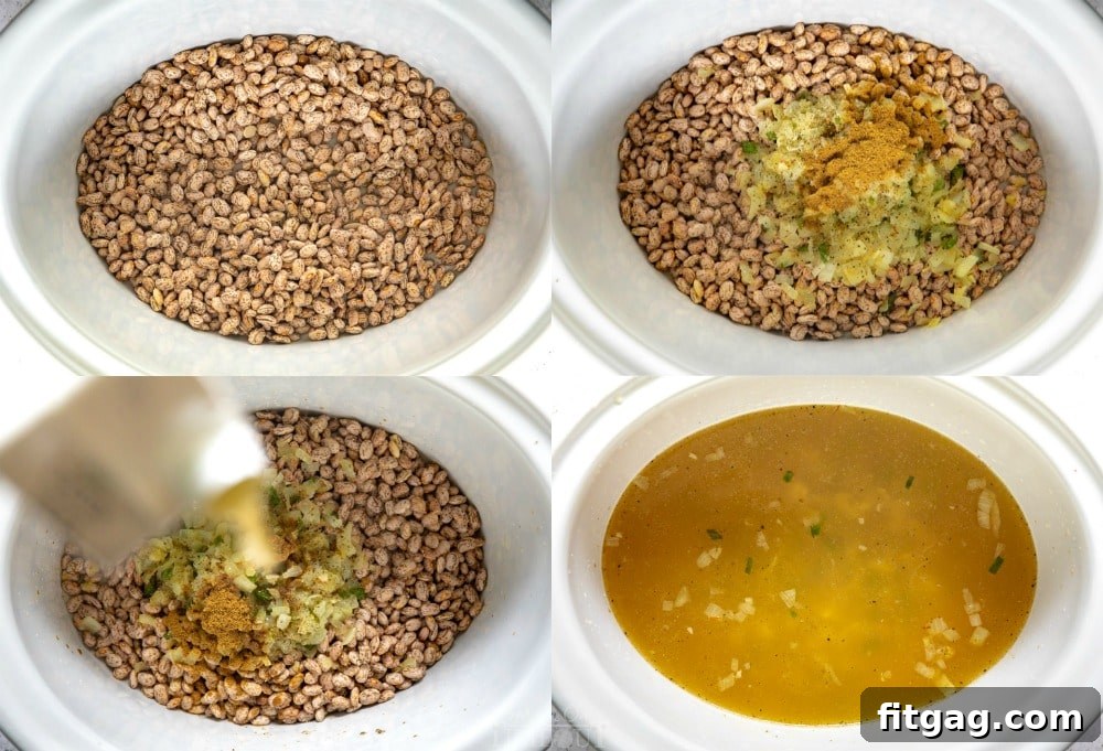Step-by-step images showing how to prepare pinto beans in a crock pot, including sautéing aromatics and adding ingredients.