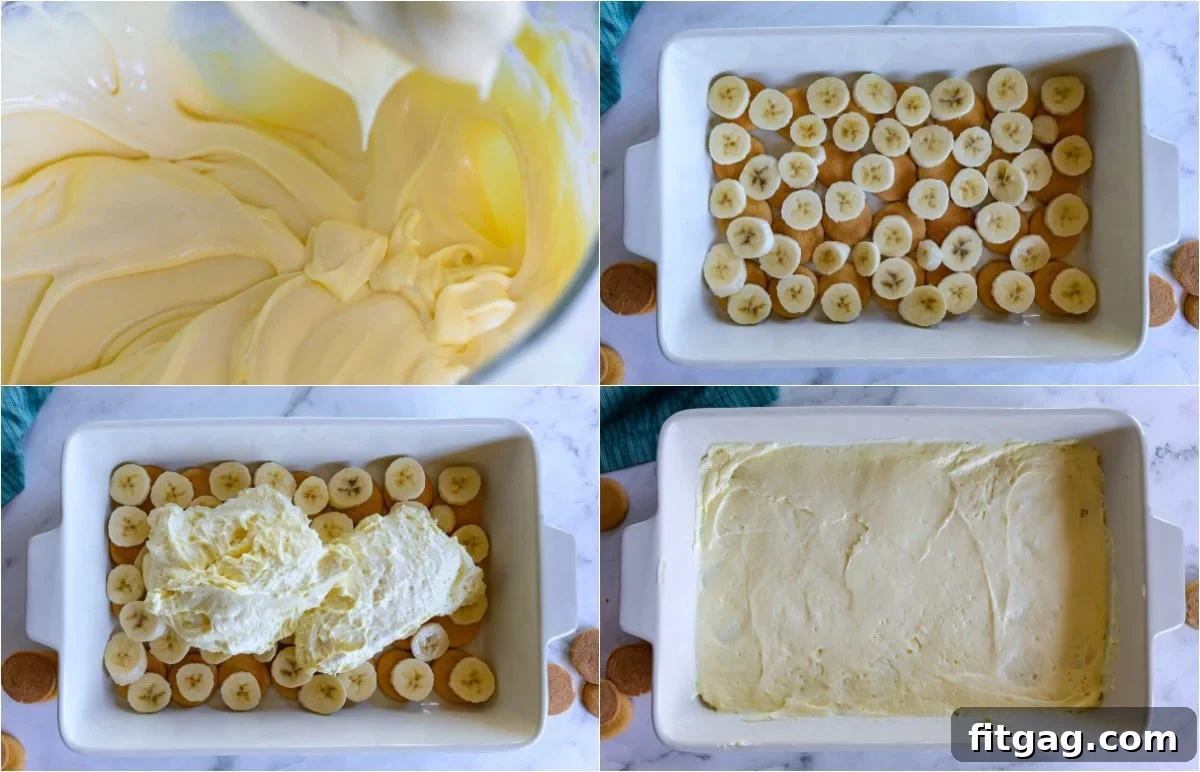 Four image collage showing first layers of banana pudding being assembled in a casserole dish.