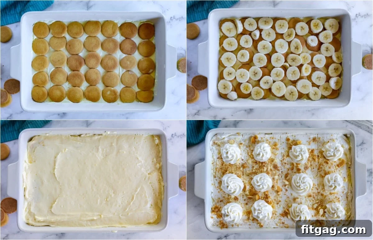 Final steps of assembling the banana pudding presented in a four image collage.
