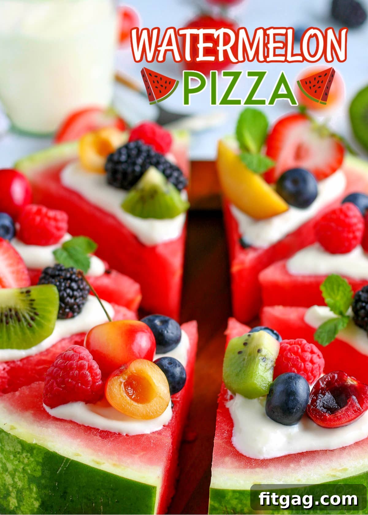 Summer's Sweetest Slice 2 A vibrant watermelon pizza slice, generously topped with a creamy white glaze and an assortment of colorful fresh fruits like blueberries, raspberries, and kiwi, set against a bright, summery background.