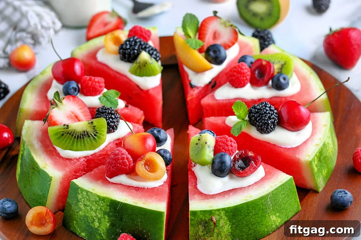 Summer's Sweetest Slice 3 A whole watermelon pizza, beautifully arranged with a variety of fresh fruit toppings and a smooth cream cheese glaze, sliced into elegant wedges on a rustic wooden board, ready for serving.