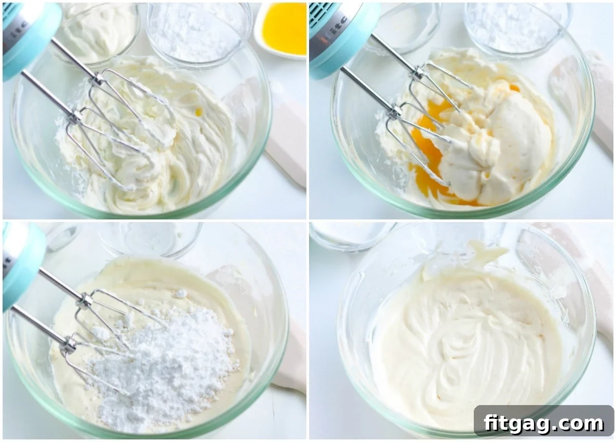Summer's Sweetest Slice 5 A four-image collage showing the step-by-step process of making the cream cheese glaze, from mixing ingredients to the final smooth consistency, demonstrating the simplicity of its preparation.