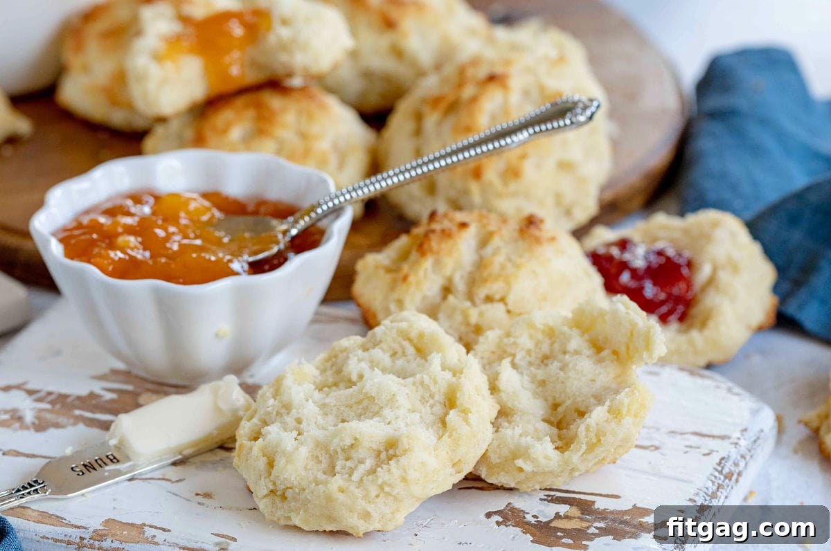A perfectly baked drop biscuit, torn open to reveal its fluffy, tender interior, resting on a clean white board.