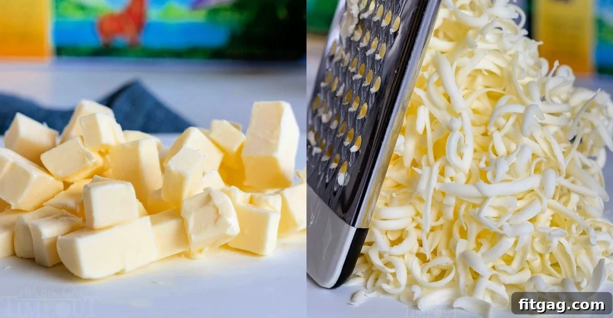 Two preparations of cold butter for drop biscuits: one bowl shows butter cut into small cubes, and another shows butter grated from a frozen block.