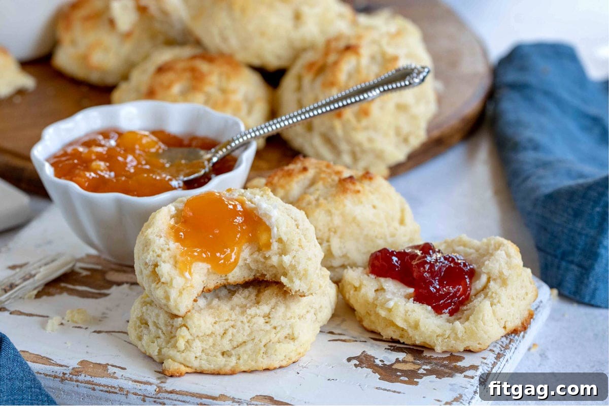 A trio of golden brown drop biscuits, two topped with vibrant red jelly, artfully arranged on a white board.