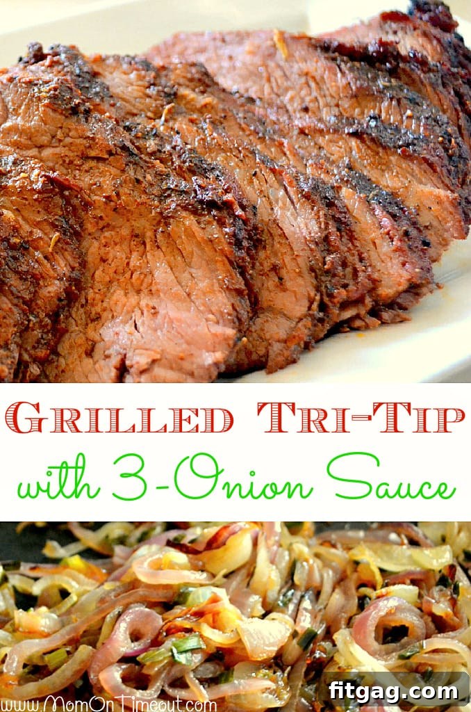 Grilled Tri-Tip with 3-Onion Sauce, a perfectly seared beef roast sliced and served with a rich, caramelized onion topping.