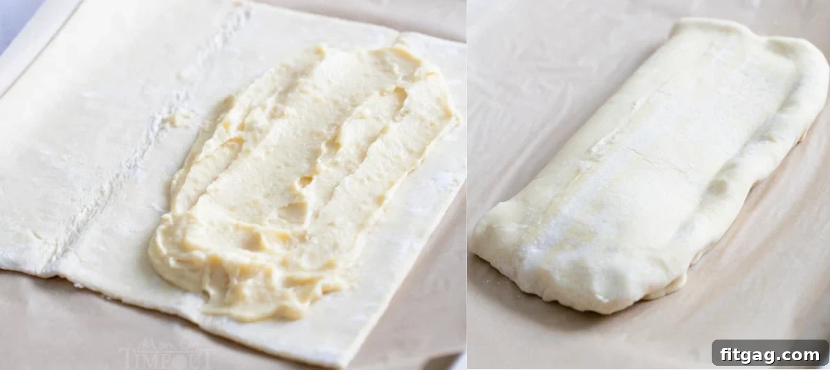 Effortless Almond Bear Claws 6 2 image collage of almond filling being spread on pastry and then the pastry folded over