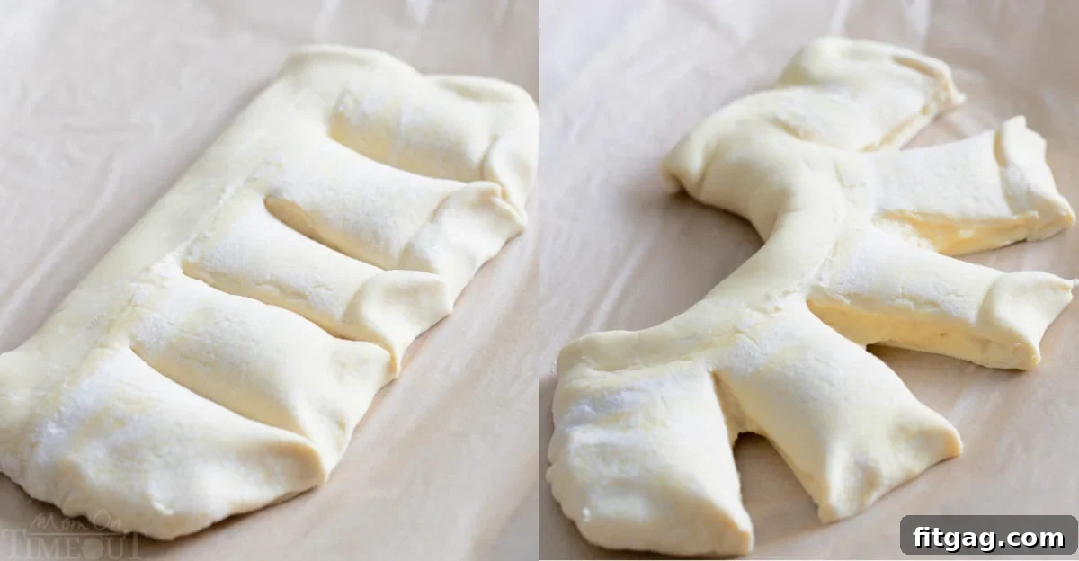 Effortless Almond Bear Claws 7 2 image collage showing bear claw being cut into and then spread apart on parchment paper to form the claw shape