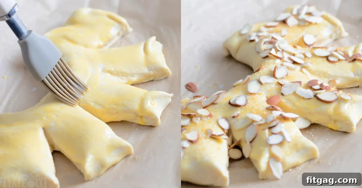 Effortless Almond Bear Claws 8 2 image collage of bear claw pastry being brushed with egg wash and then almonds and sugar sprinkled on top before baking