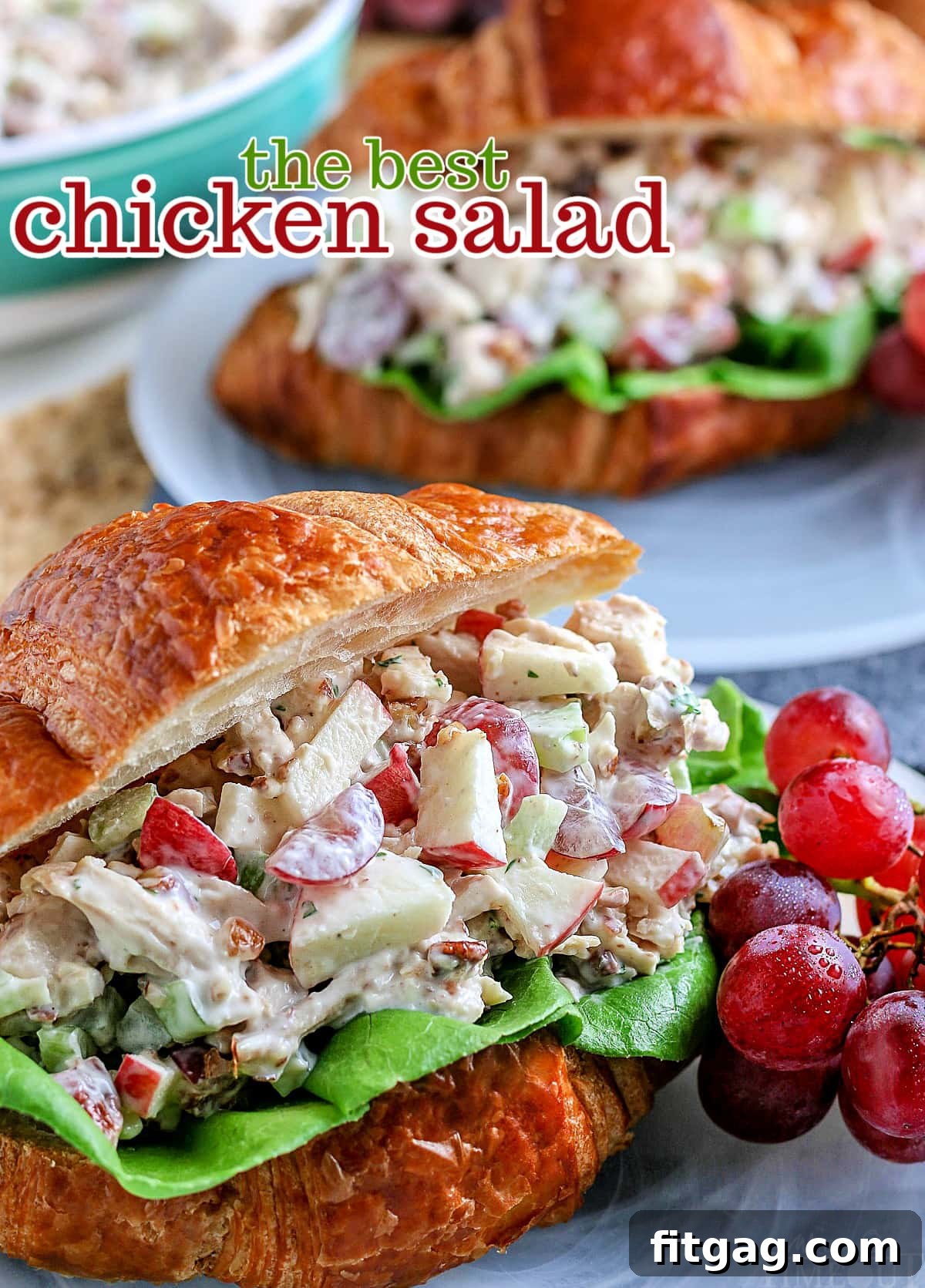 Close-up view of the best chicken salad recipe served on a croissant with grapes on the side, highlighting its irresistible appeal.