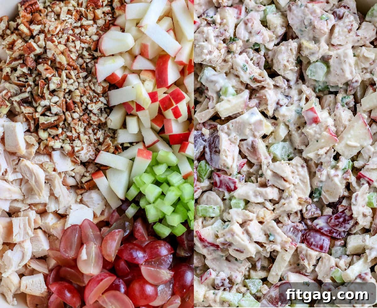 A two-image collage showing individual salad ingredients on the left and all ingredients mixed together as a salad on the right, illustrating the transformation.