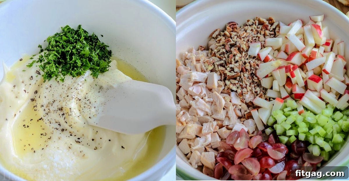A two-image collage showing the dressing ingredients in a bowl on the left and the remaining salad ingredients in a separate bowl on the right, ready for mixing.