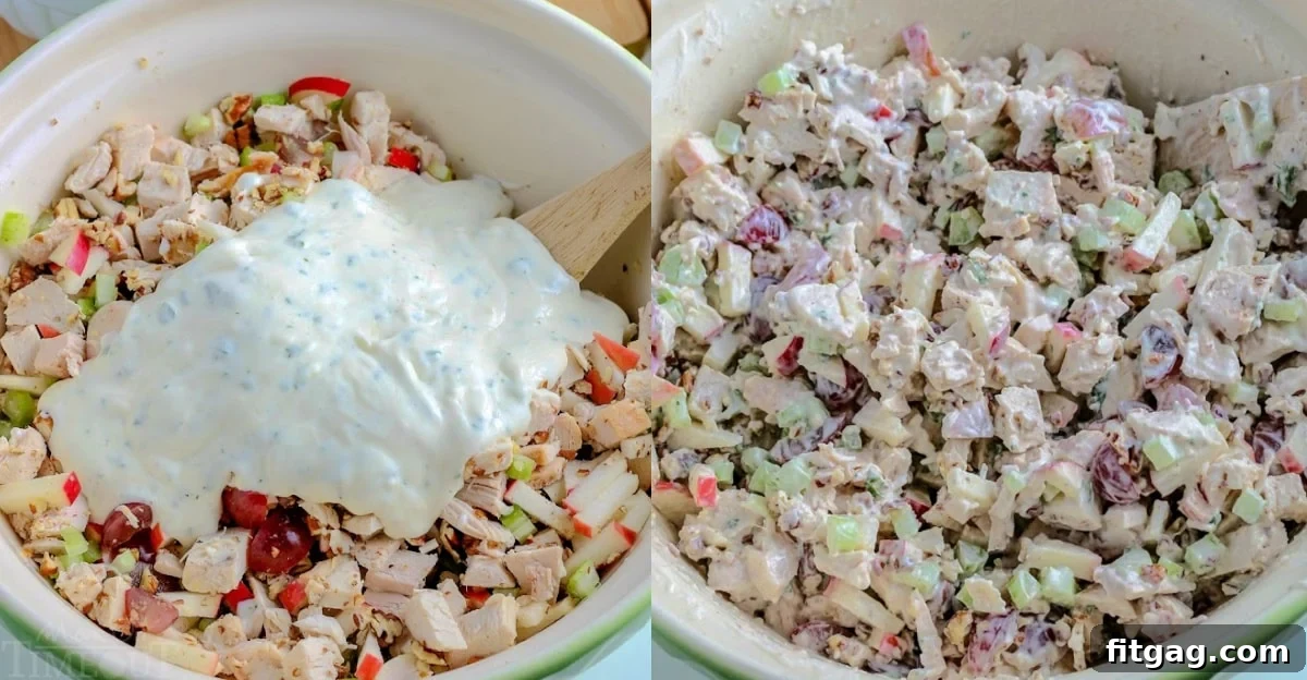 A two-image collage illustrating the process: dressing being added to the salad ingredients on the left, and the dressing fully mixed into the salad on the right.