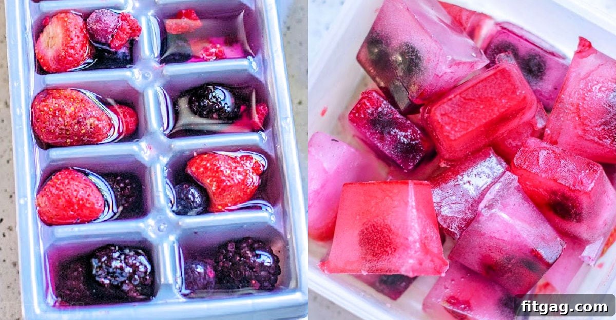 A two-part image showing fresh berries in an ice cube tray and then the frozen berry ice cubes removed from the tray.