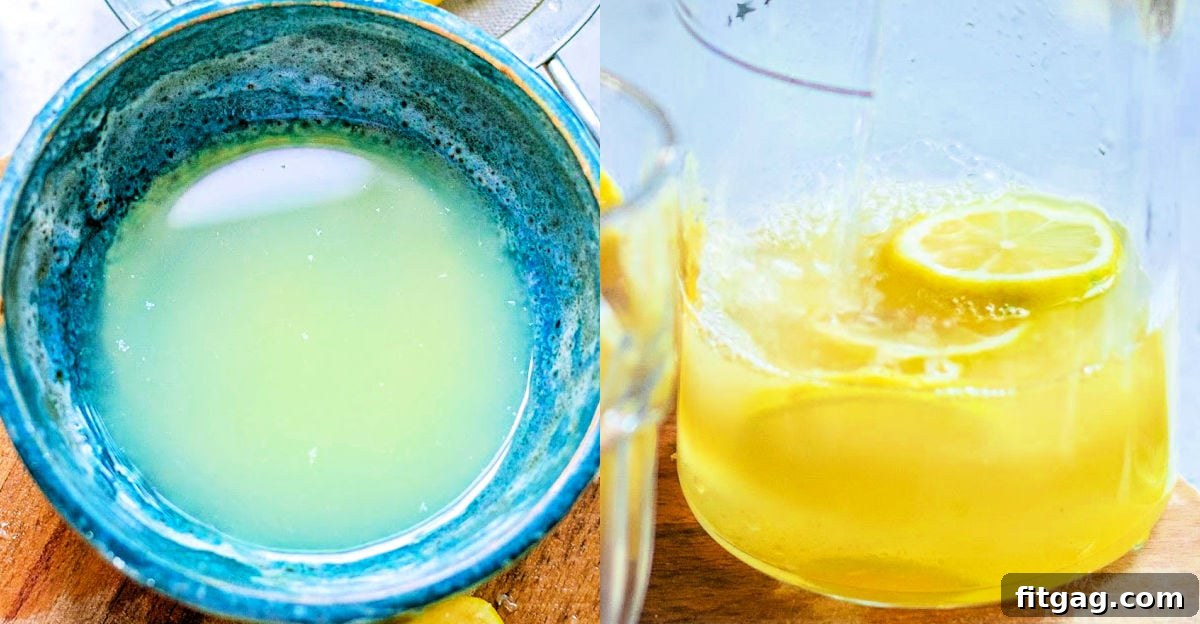Freshly squeezed lemon juice in a bowl and a pitcher, accompanied by vibrant lemon slices.