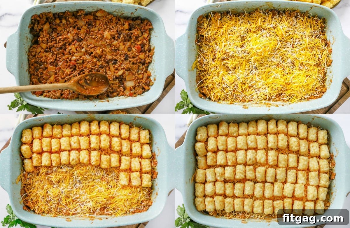Fiesta Tater Tot Bake 5 A four-image collage showing the assembly process of Taco Tater Tot Casserole in a baking dish, from meat layer to tater tot topping.