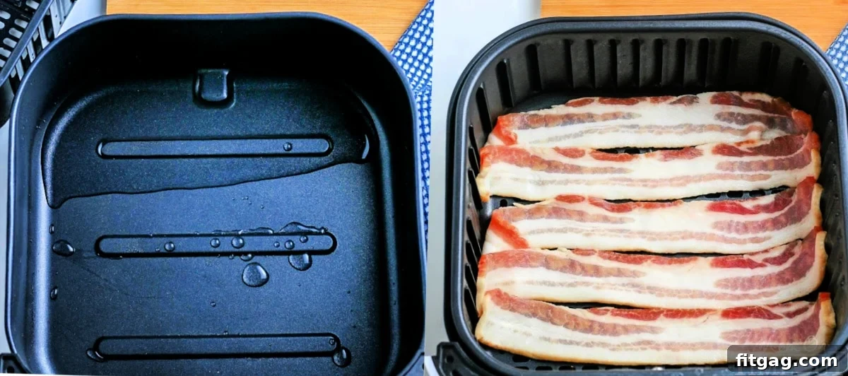 A two-image collage showing an air fryer basket with water in the bottom and bacon strips placed inside the basket.