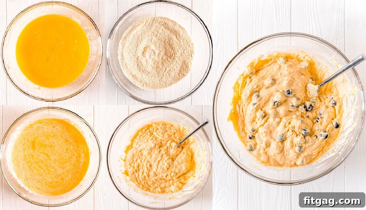 Golden Blueberry Cornbread Muffins 7 Collage of five images showing blueberry corn muffin batter being gradually mixed together