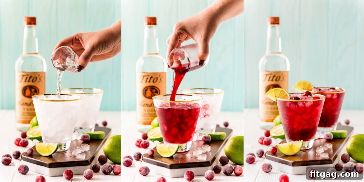 How to make Vodka Cranberry: 3 image collage showing drink being prepared step-by-step